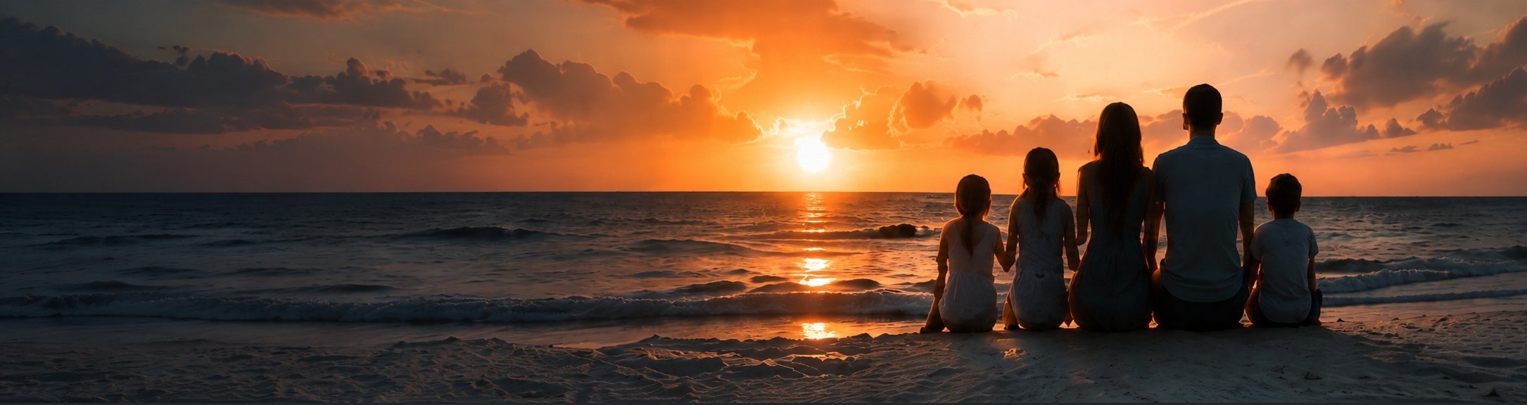 Família observando o pôr do sol na praia