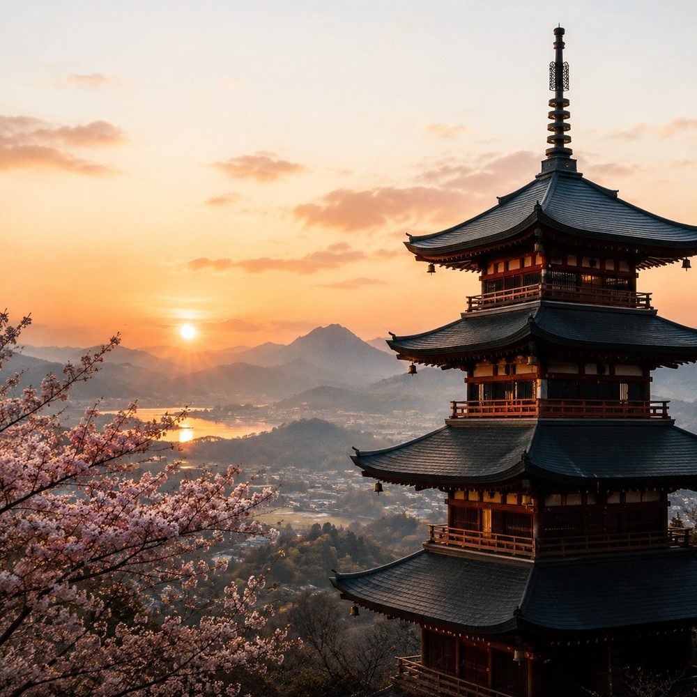 Pagode japonês entre cerejeiras