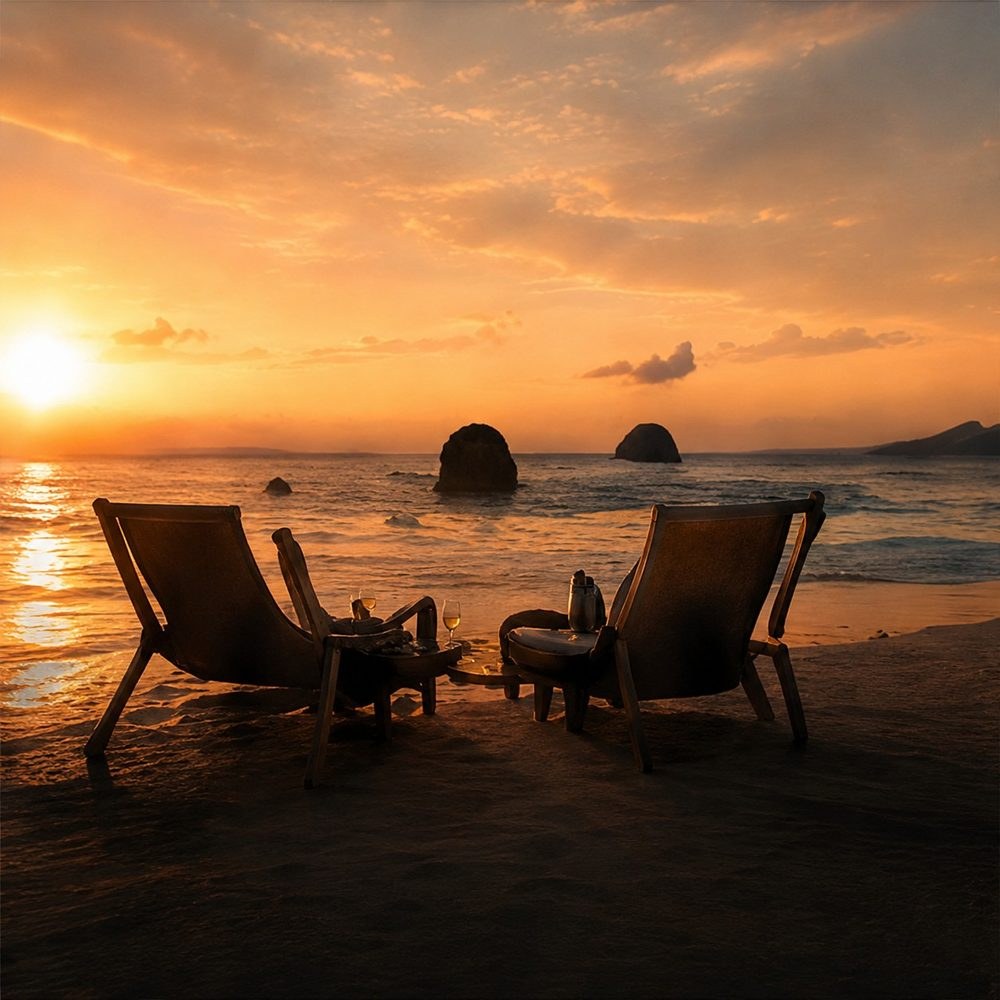 Casal em espreguiçadeiras assistindo ao pôr do sol