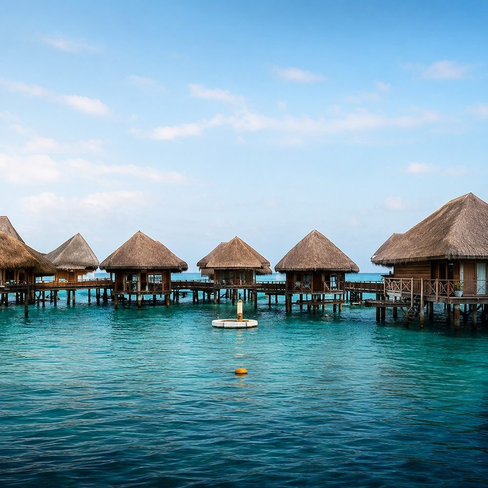 Bangalôs sobre a água em resort tropical