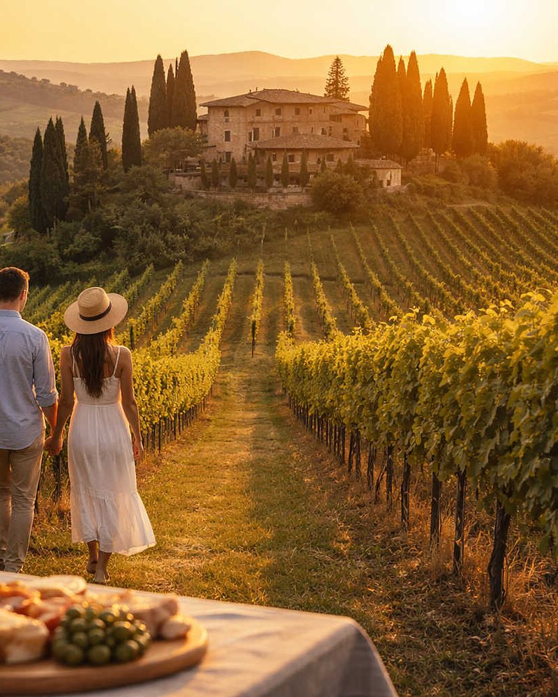 Casal caminhando por vinhedo na Toscana ao entardecer, com mesa de queijos e vinho em primeiro plano