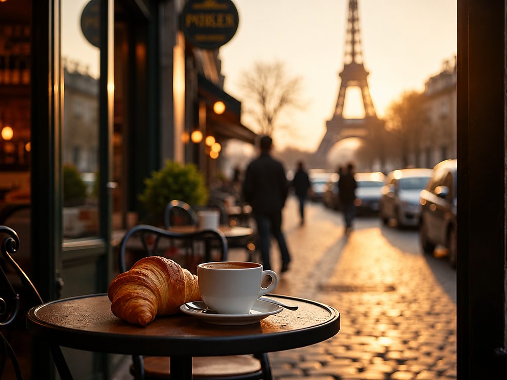 Mesa de café parisiense pela manhã, com a Torre Eiffel ao fundo