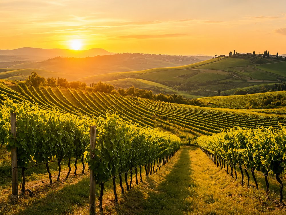 Vinhedos em terraços na Toscana banhados pela luz dourada do entardecer