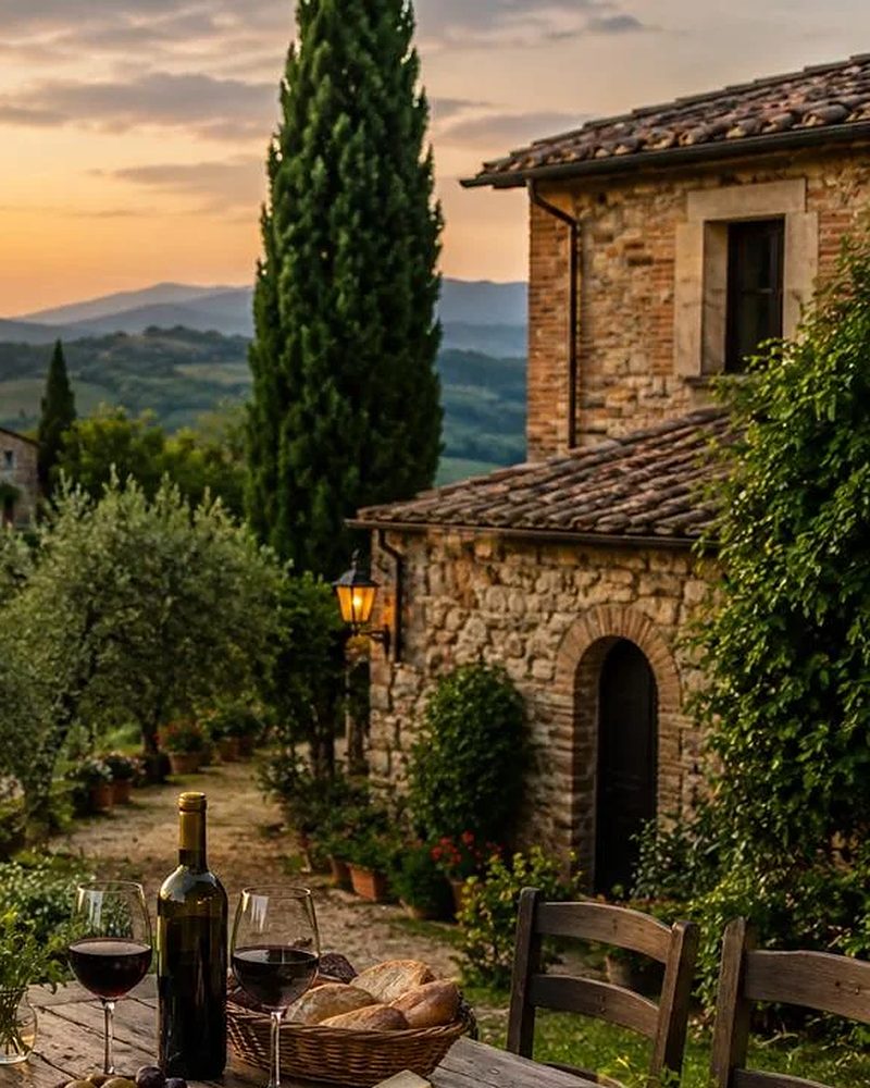 Vila de pedra na Toscana ao entardecer, com ciprestes e casario típico