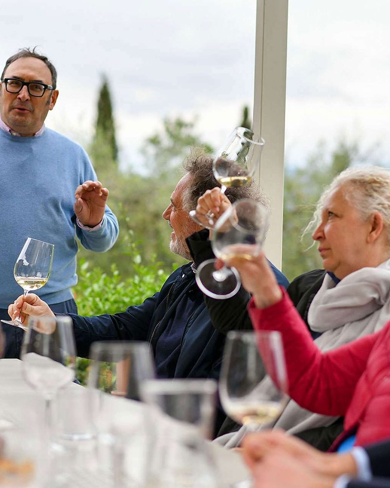 Grupo de amigos brindando durante degustação de vinhos em vinícola na Toscana